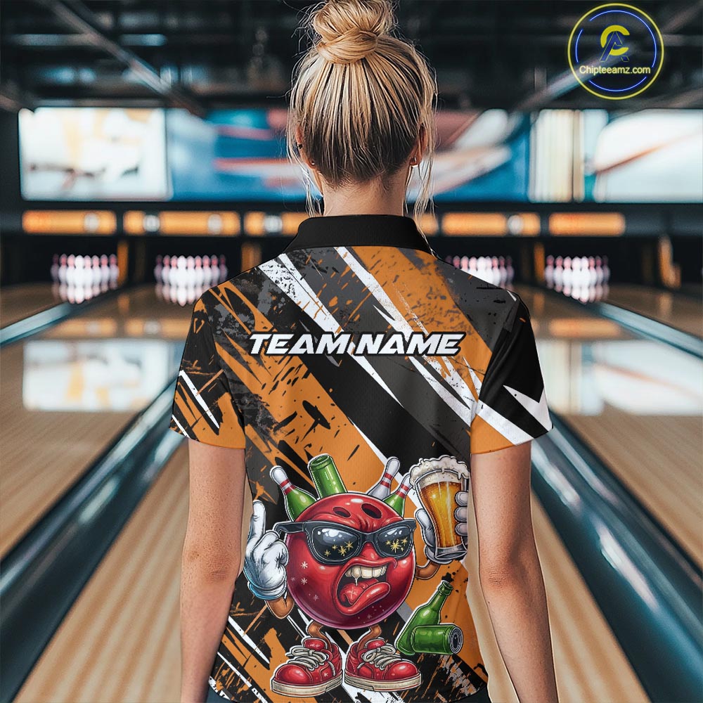 Custom Funny Bowling Ball Drink Beer Bowling Women Polo Shirt, Grunge Orange Team Shirt IPHW10118