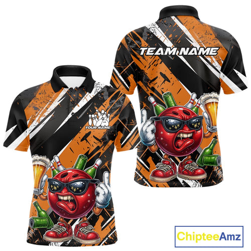 Custom Funny Bowling Ball Drink Beer Bowling Men Polo Shirt, Grunge Orange Team Shirt IPHW10118