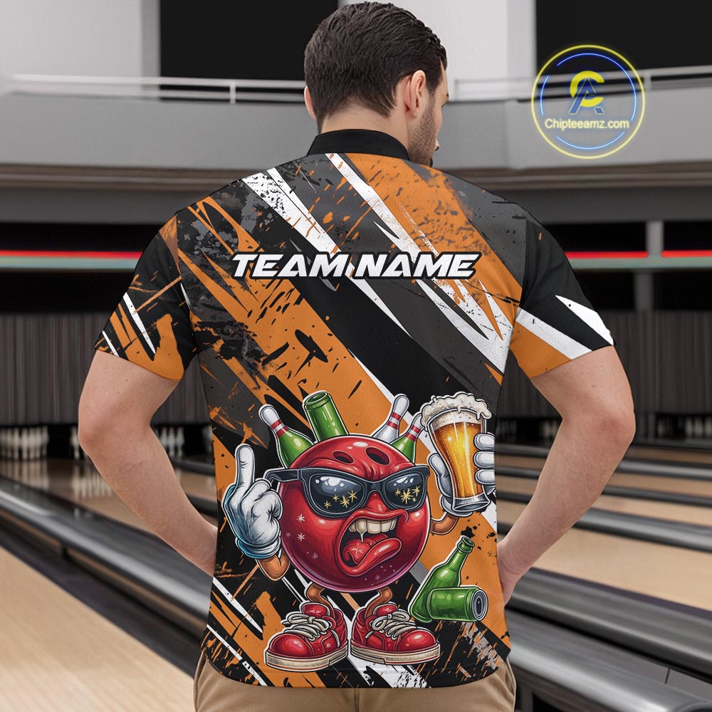 Custom Funny Bowling Ball Drink Beer Bowling Men Quarter-Zip Shirt, Grunge Orange Team Shirt IPHW10118