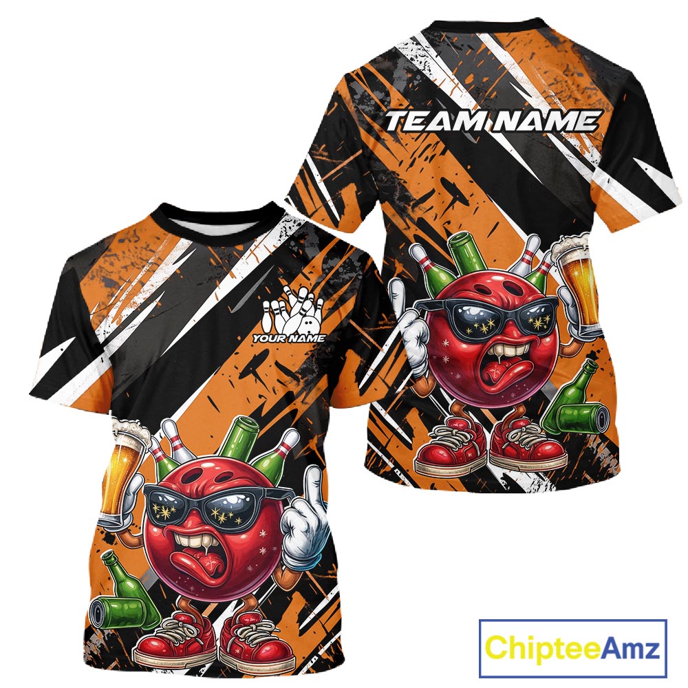 Custom Funny Bowling Ball Drink Beer Bowling Men T-Shirts, Grunge Orange Team IPHW10118