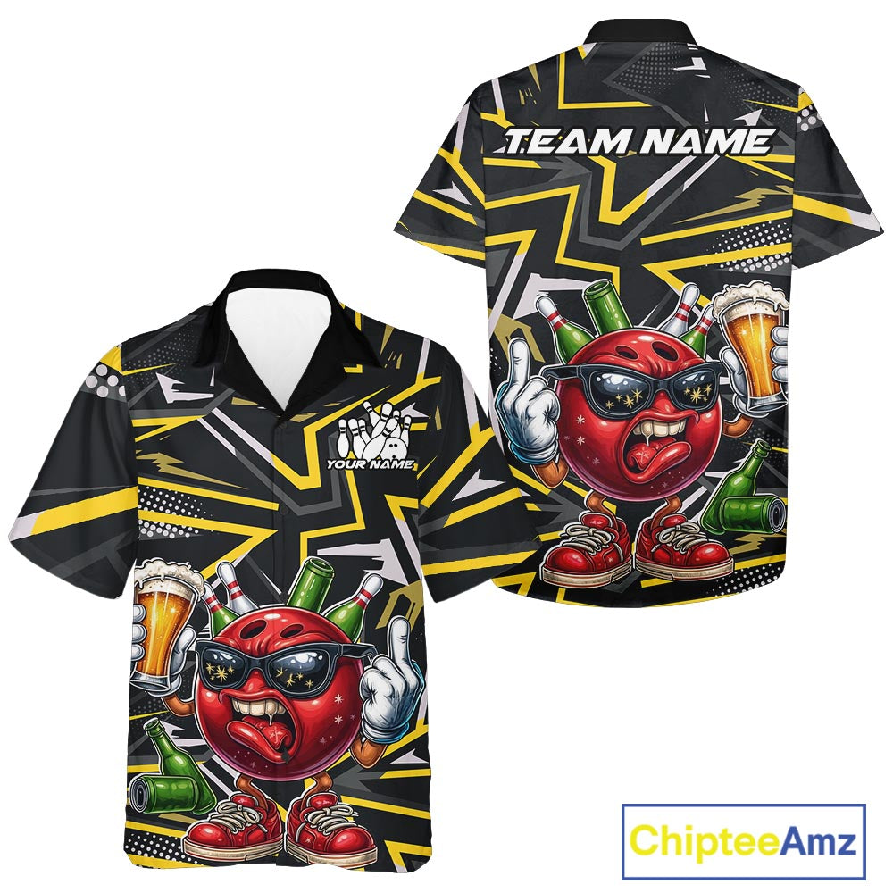 Custom Funny Bowling Ball Drink Beer Bowling Men And Women Hawaiian Shirt, Yellow Bowling Team Shirt IPHW10120