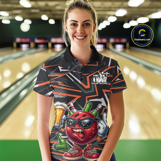 Custom Funny Bowling Ball Drink Beer Bowling Women Polo Shirt, Orange Bowling Team Shirt IPHW10121