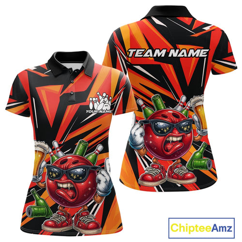 Custom Funny Bowling Ball Drink Beer Bowling Women Polo Shirt, Orange Bowling Team Shirt IPHW10122