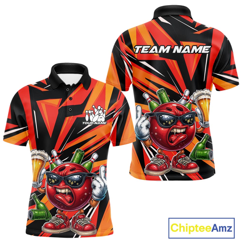 Custom Funny Bowling Ball Drink Beer Bowling Men Polo Shirt, Orange Bowling Team Shirt IPHW10122