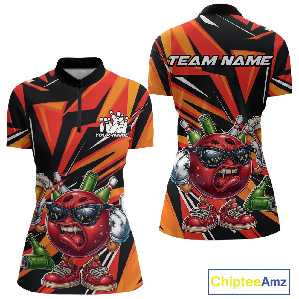 Custom Funny Bowling Ball Drink Beer Bowling Women Quarter-Zip Shirt, Orange Team Shirt IPHW10122