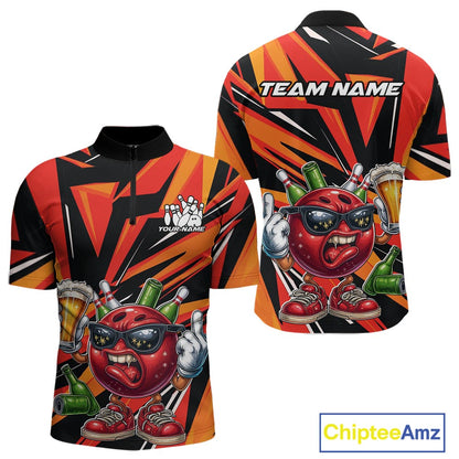 Custom Funny Bowling Ball Drink Beer Bowling Men Quarter-Zip Shirt, Orange Bowling Team Shirt IPHW10122