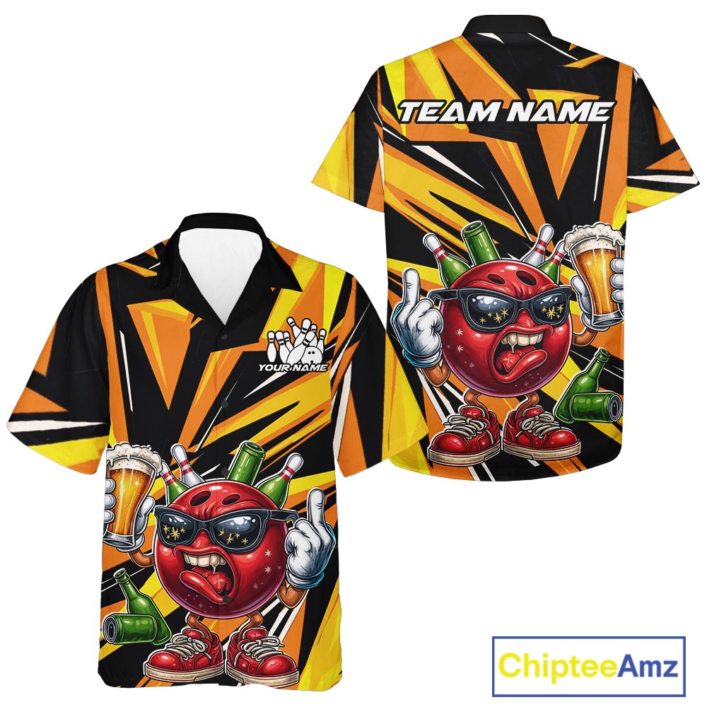 Custom Funny Bowling Ball Drink Beer Bowling Men And Women Hawaiian Shirt, Yellow Bowling Team Shirt IPHW10123