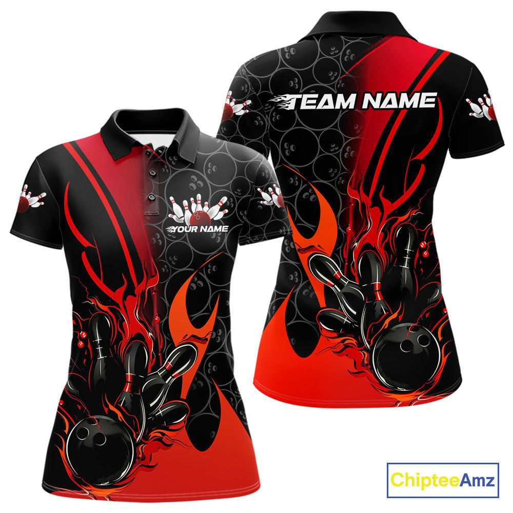 Custom Red Flame Bowling Pattern Bowling Women Polo Shirt, Bowling Team League Shirt IPHW9881
