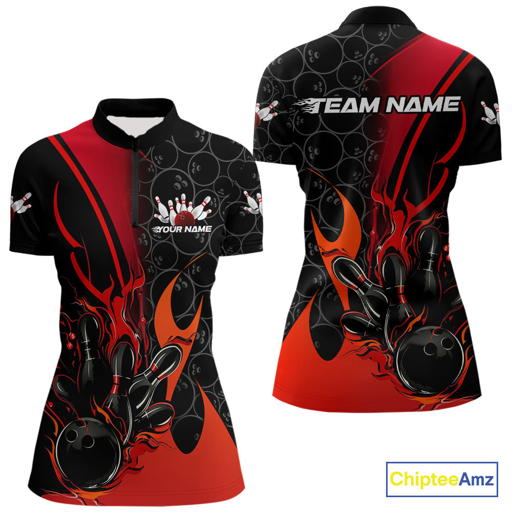 Custom Red Flame Bowling Pattern Bowling Women Quarter-Zip Shirt, Bowling League Shirt IPHW9881