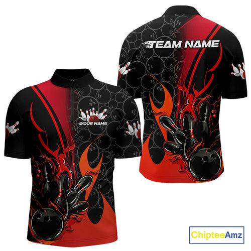Custom Red Flame Bowling Pattern Bowling Men Quarter-Zip Shirt, Bowling Team League Shirt IPHW9881