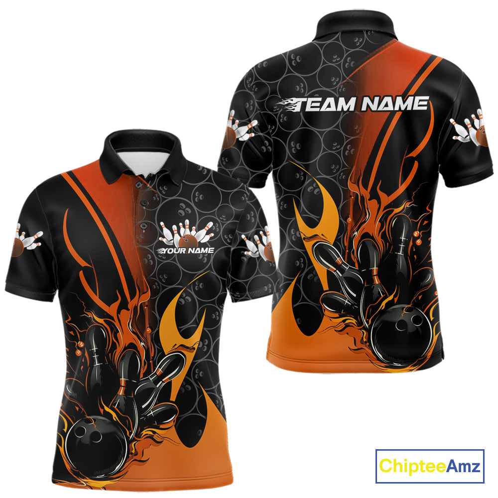 Custom Orange Flame Bowling Pattern Bowling Men Polo Shirt, Bowling Team League Shirt IPHW9883