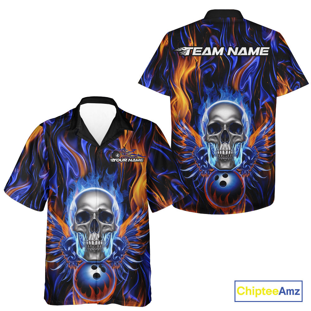 Custom Blue And Yellow Fire Flame Skull Bowling Men And Women Hawaiian Shirts, Hallloween Bowler Outfit IPHW9889