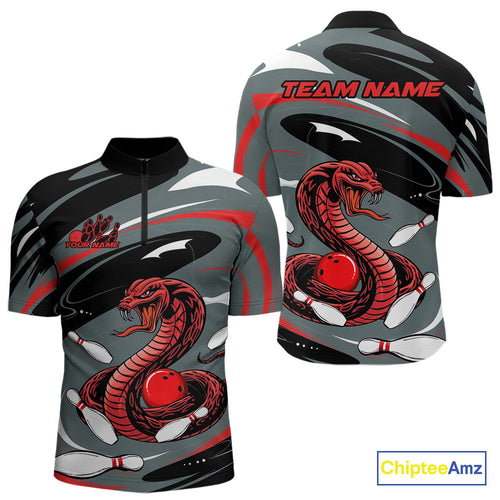 Custom Gray And Red Cobra Snake Bowling Quarter-Zip Shirt For Men, Cobra Bowling Team Jersey IPHW9893