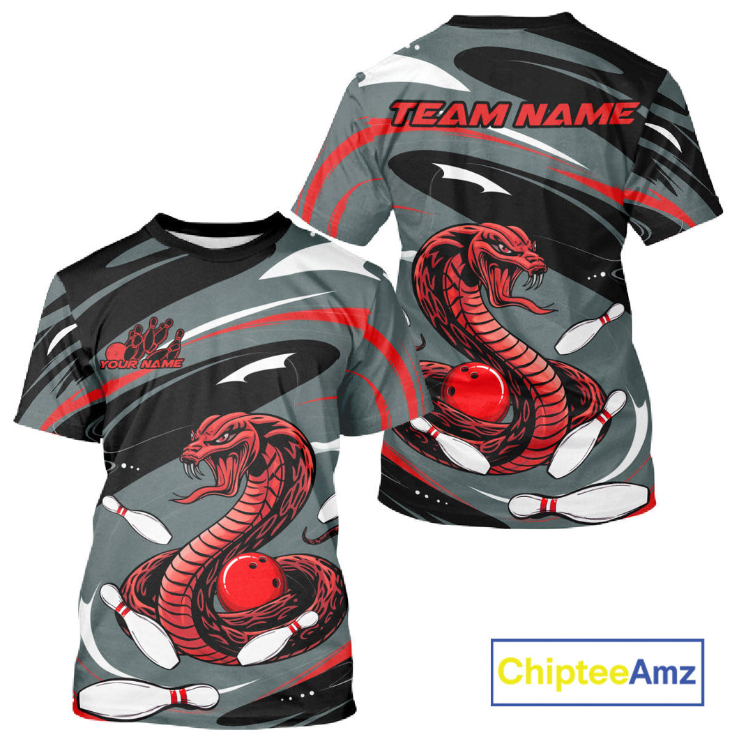 Custom Gray And Red Cobra Snake Bowling T-Shirts For Men, Cobra Bowling Team Jersey IPHW9893