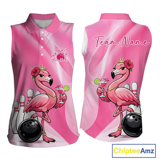 Front and back mockup of a pink women’s sleeveless bowling shirt featuring a crowned flamingo holding a cocktail beside a bowling ball with a hibiscus flower theme.