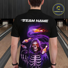 Load image into Gallery viewer, Custom Purple Flame Skeleton Grim Reaper Bowling Men Polo Shirt, Halloween Bowling Jersey IPHW9894