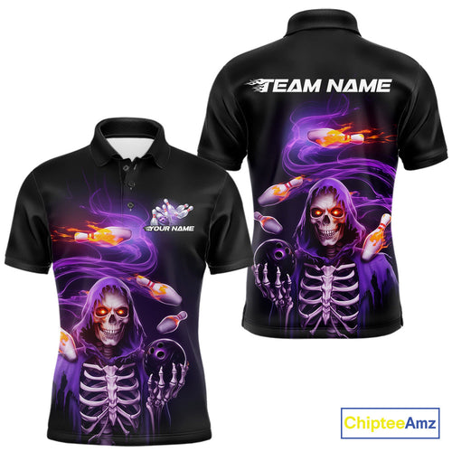 Custom Purple Flame Skeleton Grim Reaper Bowling Men Polo Shirt, Halloween Bowling Jersey IPHW9894