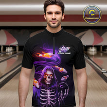 Load image into Gallery viewer, Custom Purple Flame Skeleton Grim Reaper Bowling Men Quarter-Zip Shirt, Halloween Bowling Jersey IPHW9894