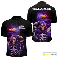 Load image into Gallery viewer, Custom Purple Flame Skeleton Grim Reaper Bowling Men Quarter-Zip Shirt, Halloween Bowling Jersey IPHW9894