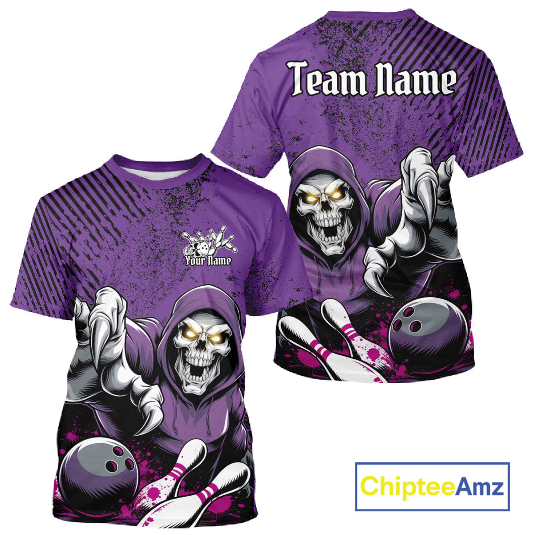 Custom Purple Splatter Skeleton Grim Reaper Bowling Men T-Shirts Shirts, Halloween Outfits IPHW9896