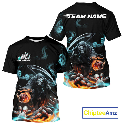Custom Blue Skull Smoke Grim Reaper Bowling Men T-Shirts Shirt, Halloween Bowling Jerseys IPHW9900