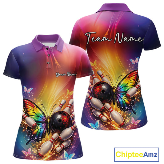 Front and back view of a women’s bowling polo shirt featuring a rainbow butterfly beside a bowling ball with scattered bowling pins.