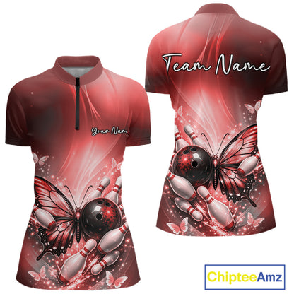 Front and back mockup of a red women’s bowling quarter-zip shirt showcasing a butterfly beside a bowling ball with scattered bowling pins.