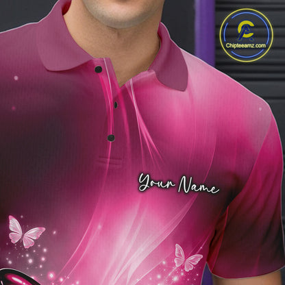 Close-up of the left chest on a pink bowling polo shirt showcasing a butterfly beside a bowling ball and scattered bowling pins.