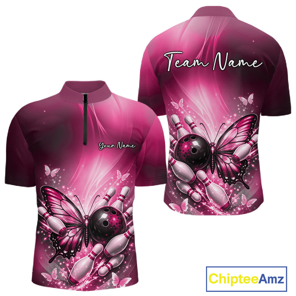 Front and back mockup of a pink men’s bowling quarter-zip shirt showcasing a butterfly beside a bowling ball with scattered bowling pins.