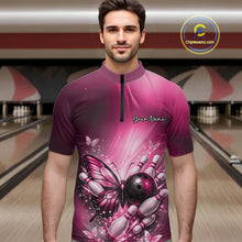 Load image into Gallery viewer, Custom Pink Butterfly Bowling Team Men Quarter-Zip Shirt, Bowling League Shirt IPHW11038