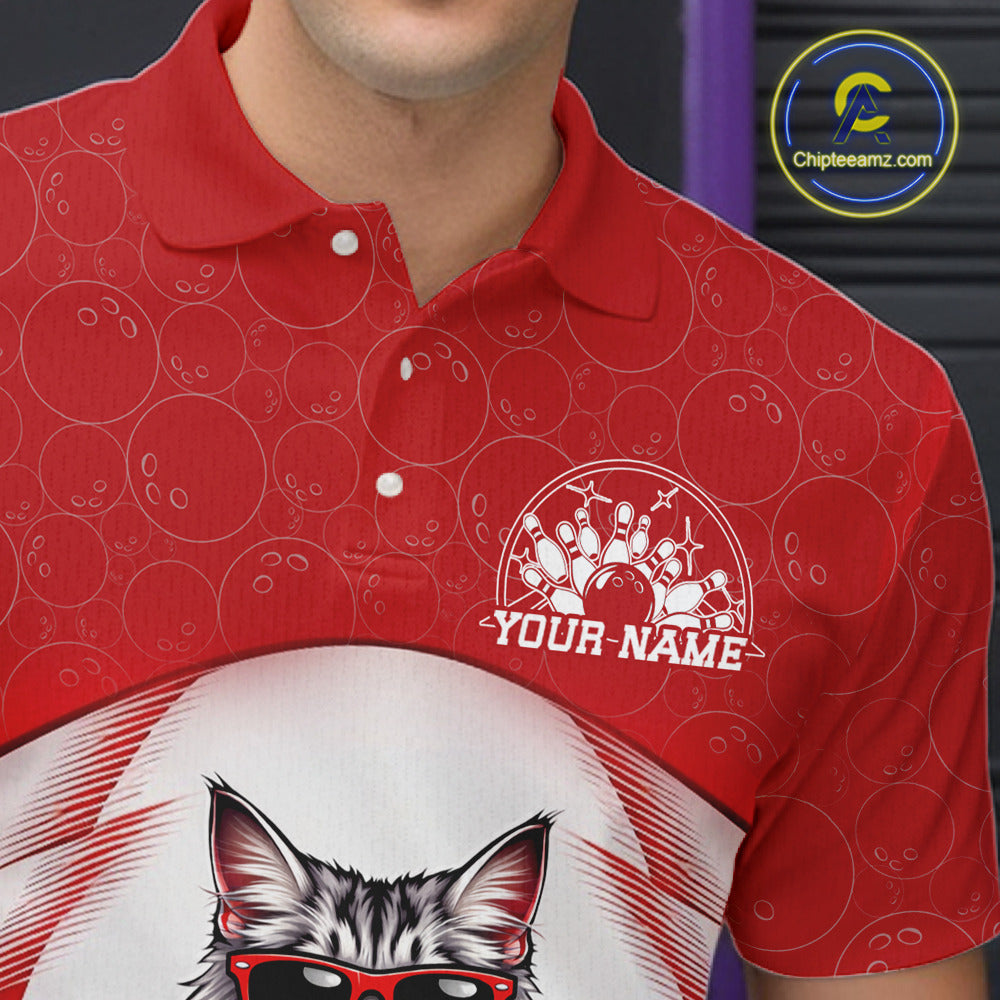 Close-up left chest view of a white and red bowling polo shirt featuring a Maine Coon cat wearing sunglasses and leaning on a bowling ball.