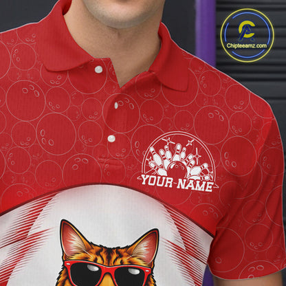 Close-up of the left chest on a white and red bowling polo shirt with a golden brown Bengal cat wearing sunglasses beside a bowling ball.
