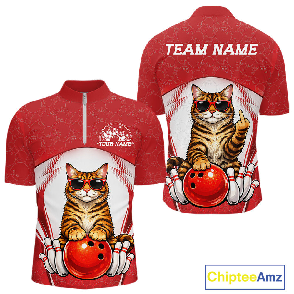 Front and back view of a white and red men’s bowling quarter-zip shirt featuring a golden brown Bengal cat in sunglasses leaning on a bowling ball.