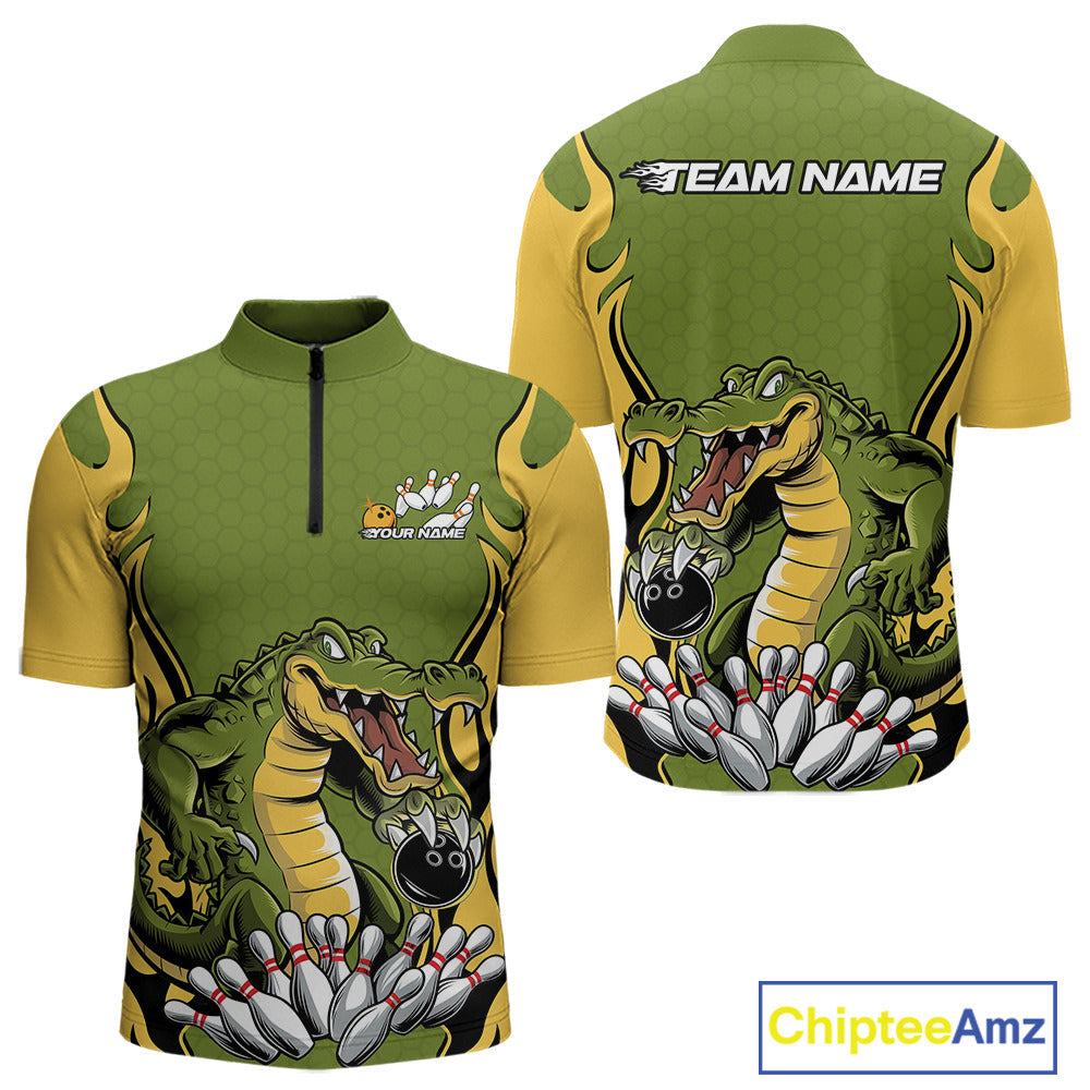 Custom Funny Alligator Bowling Quarter-Zip Shirt For Men, Alligator Bowling Team League Shirt IPHW9924