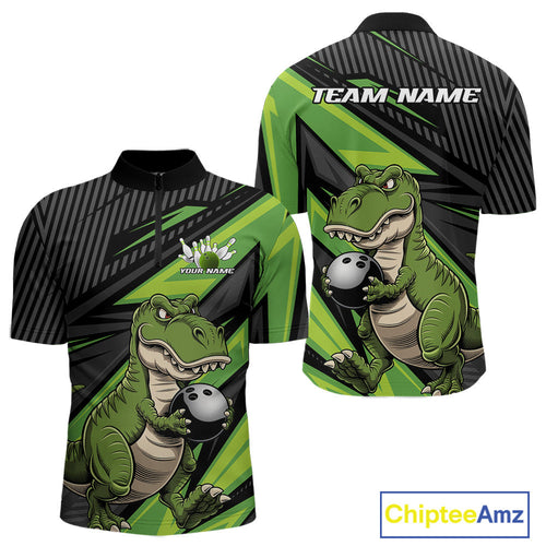 Custom Funny Green Bowling Dinosaur Bowling Men Quarter-Zip Shirt, Bowling Team Shirt IPHW9927