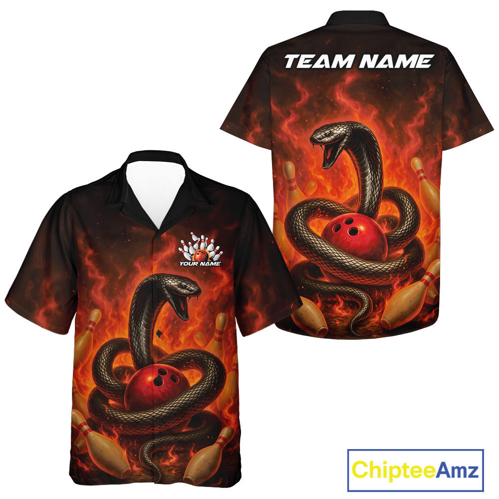 Custom Red Flame Black Mamba Snake Bowling Men And Women Hawaiian Shirt, Snake Bowling Team Jerseys IPHW10149