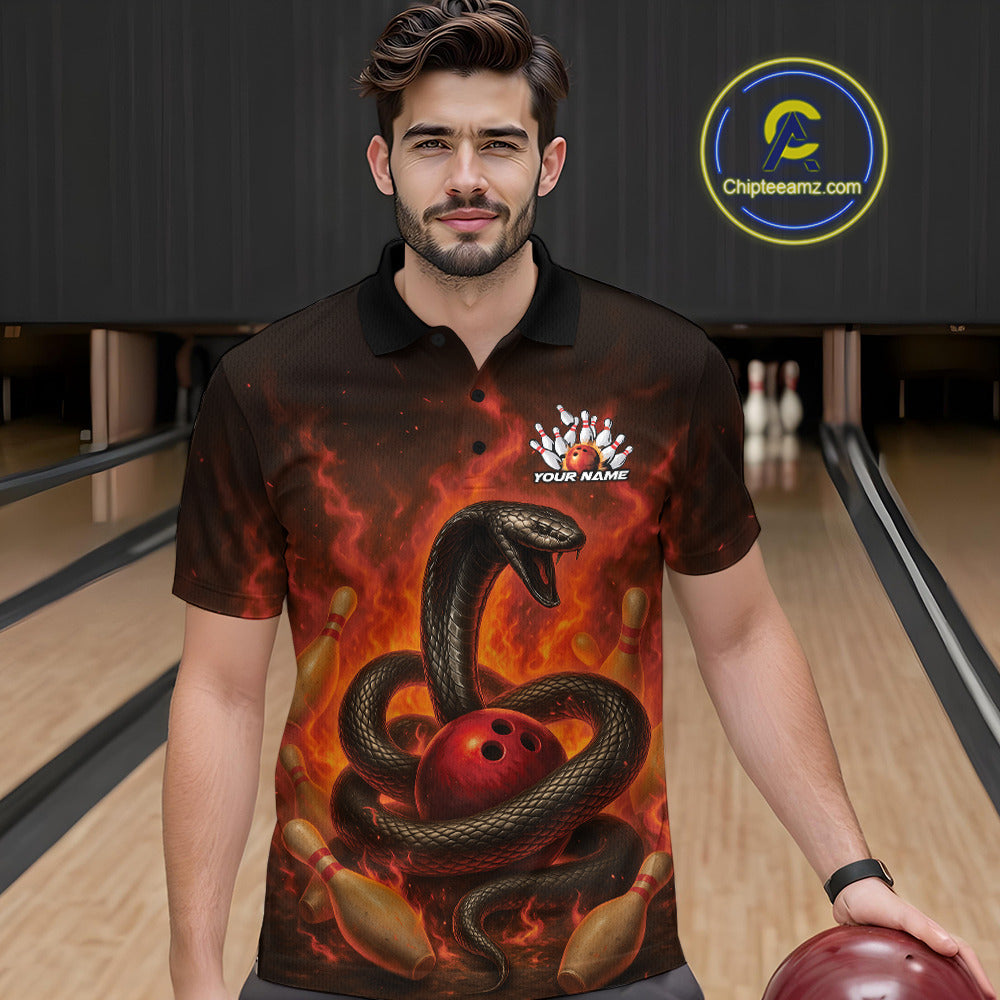 Custom Red Flame Black Mamba Snake Bowling Men Polo Shirt, Snake Bowling Team Jerseys IPHW10149