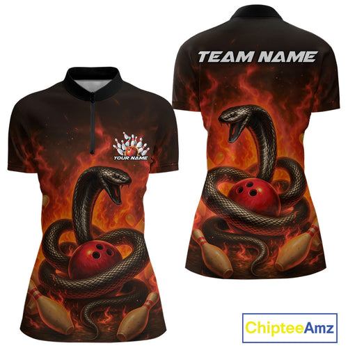 Custom Red Flame Black Mamba Snake Women Bowling Shirt, Snake Bowling Team Jerseys IPHW10149