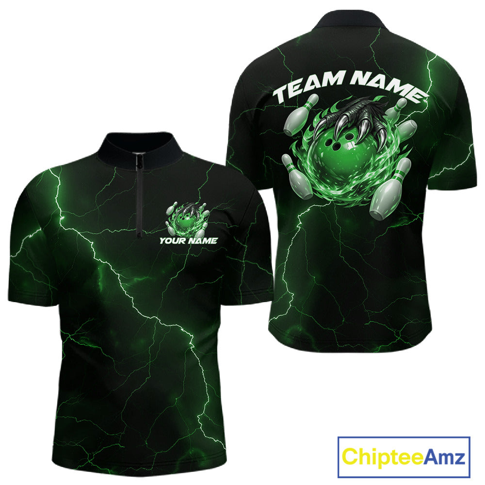 Front and back black and green mens bowling quarter-zip featuring a dragon claw gripping a flaming bowling ball with fantasy lightning artwork.