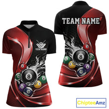 Load image into Gallery viewer, Front and back mockup of a womens black and red billiard quarter zip featuring metallic ribbons, dark honeycomb graphics, and a flaming 8-ball with scattered pool balls