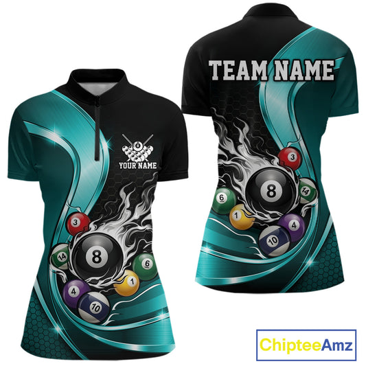Front and back mockup of a womens black and blue billiard quarter zip showcasing metallic ribbons, dark honeycomb graphics, and a flaming 8-ball with pool balls