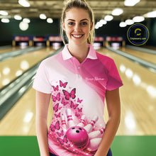 Load image into Gallery viewer, Custom Pink Butterfly Bowling Polo Shirts For Women, Ladies Bowling Team Jerseys IPHW11345