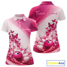 Load image into Gallery viewer, Custom Pink Butterfly Bowling Polo Shirts For Women, Ladies Bowling Team Jerseys IPHW11345
