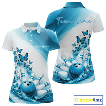 Load image into Gallery viewer, Custom Blue Butterfly Bowling Polo Shirts For Women, Ladies Bowling Team Jerseys IPHW11347