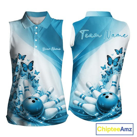 Front and back mockup of a womens white and blue sleeveless bowling shirt with butterfly artwork and bowling-themed graphics