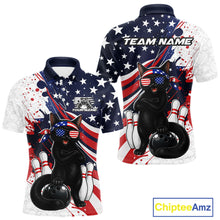 Load image into Gallery viewer, Front and back views of a patriotic bowling polo with stars and red stripes, featuring a sunglasses-wearing cat, bowling pins, and customizable name text.