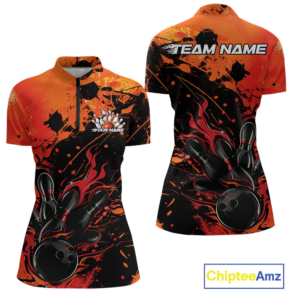 Custom Red Orange Flame Bowling Women Quarter-Zip  Splatter Bowling Tournament Shirt IPHW9932