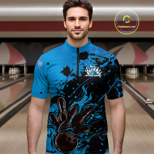 Custom Blue Flame Bowling Men Quarter-Zip Shirts, Splatter Bowling Team Tournament Shirt IPHW9933