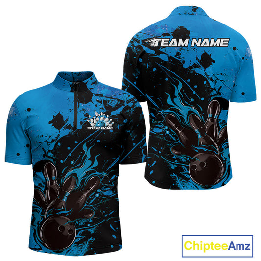 Custom Blue Flame Bowling Men Quarter-Zip Shirts, Splatter Bowling Team Tournament Shirt IPHW9933