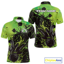 Load image into Gallery viewer, Custom Green Flame Bowling Men Polo Shirts, Splatter Bowling Team Tournament Shirt IPHW9934